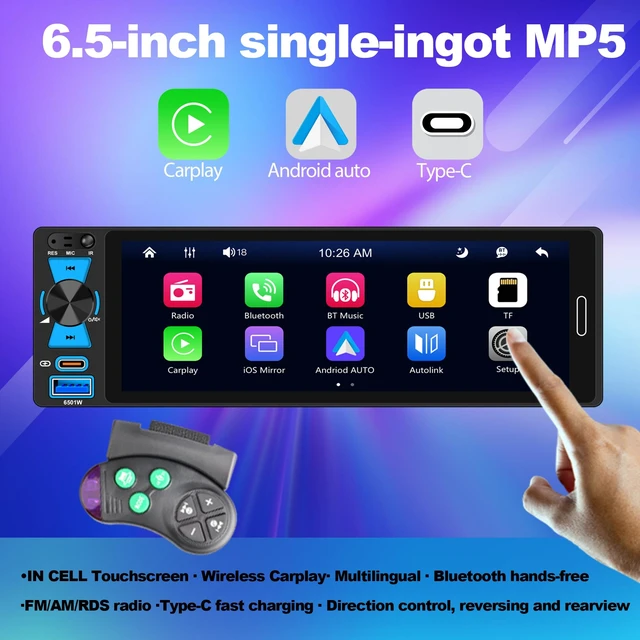 Alt view image 2 of 7 - 6.5" Single Din Car Stereo Wireless Apple CarPlay Android Auto, Car Radio Bluetooth 5.2, FM/AM/RDS, IPS HD Touchscreen, Type-C Fast Charging