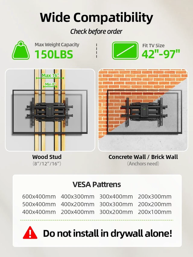 Alt view image 4 of 7 - Full Motion TV Wall Mount for 42-97 Inch TVs up to 150lbs, Swivel and Tilt Wall Mount TV Barcket with Extension, Max VESA 600x400mm & 16" Wood StudsFit Most 75 85 86 90 95 inch TVs
