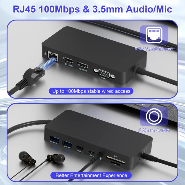 Alt view image 7 of 7 - 12 in 1 New Surface Docking Stationg, Triple Displays VGA + Dual 4k@30hz HDMI, Surface Dock for Surface Pro 11/10/9/8/X/7/6/5/4/3, Surface Laptop, Surface Laptop Go, Surface Go Dock, Surface Book Dock