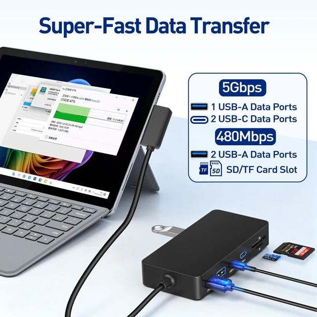Alt view image 6 of 7 - Surface Docking Station, 11-in-1 Triple Display (Surface +4K HDMI +VGA), USB-C/USB-A/SD/TF/Ethernet, Compatible with Surface Pro 11/10/9/8/X/7/6/5/4/3, Laptop, Book Go, Black