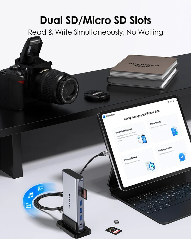 Alt view image 4 of 7 - 11-in-1 USB C Docking Station with Detachable 3.3ft Long Cable, 4K@60Hz HDMI, 100W PD, Ethernet, USB 3.0, SD/TF, Vertical Design for MacBook Pro/Air/Neo, Dell, HP, Lenovo, Surface Laptop (D54)