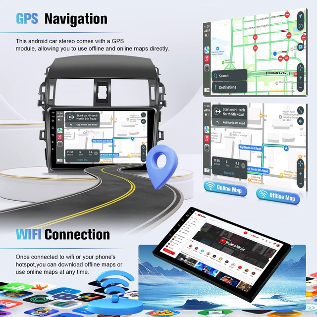 Alt view image 4 of 6 - 8Core 4G+64G Android Car Radio for Toyota Corolla 2009 2010 2011 2012 2013 Radio Upgraded, 9inch IPS Touchscreen for Corolla Carplay/Android Auto/Bluetooth/Wi-Fi/FM/GPS/SWC/Camera/MIC