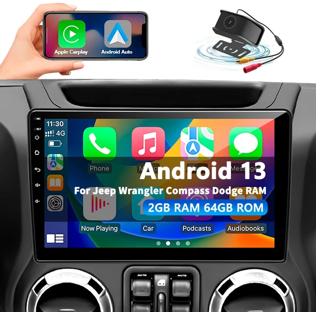 Main image of Car Radio Stereo for Jeep Wrangler JK 2007-2018 Dodge Ram 1500 2500 3500 Grand Cherokee, Android 13 2G+64G with CarPlay Android Auto 10 inch Touchscreen Head Unit, GPS BT WiFi AM/FM, Rear View Camera