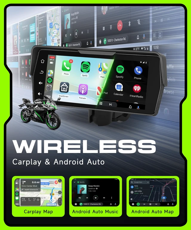 Alt view image 2 of 7 - Motorcycle CarPlay Screen 6.86 Inch Portable Wireless Carplay Android Auto for Motorbike IP68 Waterproof Touchscreen, Supports Airplay & Android Cast GPS Navigation Bluetooth EQ DVR Loop Video