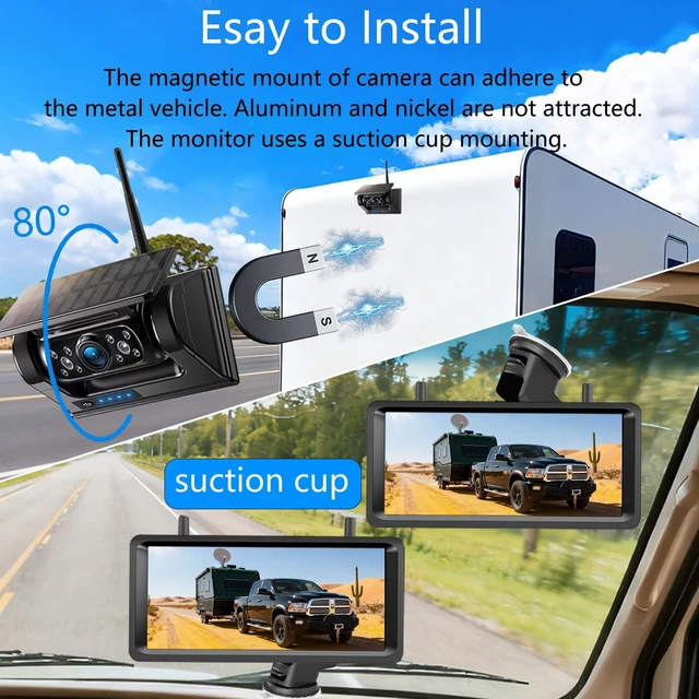 Alt view image 2 of 7 - Wireless Backup Camera Magnetic Solar with 7.2" 2-Split Portable Monitor 1-Min Easy Install No Wiring/Drilling Rechargeable No Delay for Car RV Bus Pickup Truck Trailer Camper 5th Wheels Hitch Towing