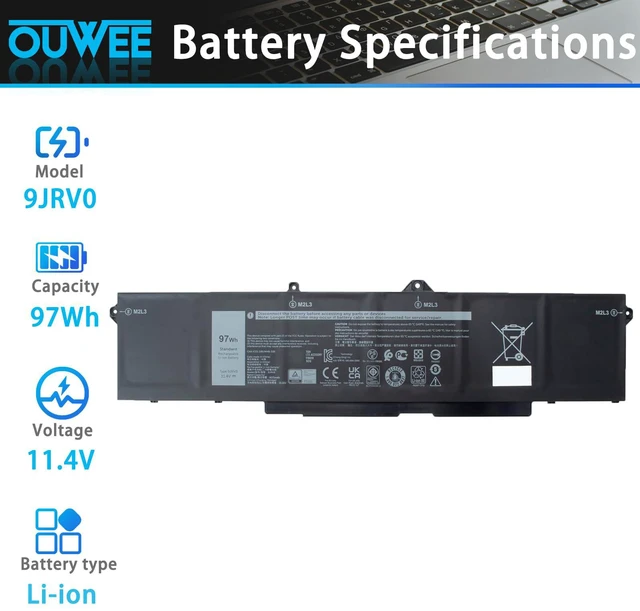 Alt view image 2 of 6 - 9JRV0 97Wh Battery Replacement for Dell Latitude 5521 5531 / Precision 3561 3571 3581 3591 / Alienware m17 R5 AMD/Alienware m18 R1 R2 / Alienware m18 R1 AMD Series Laptop 0P3TJ 0R05P0 05RGW