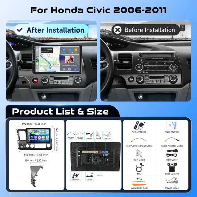 Alt view image 7 of 7 - 8Core 4G 64G for Honda Civic 2006 2007 2008 2009 2010 2011 Car Stereo Qual-comm Snapdragon chip, Wireless CarPlay Android Auto, 5GHz WiFi GPS, 3 Plit Screen, 3D car Model, + AHD Backup Camera