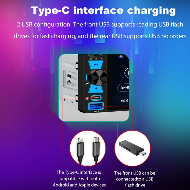 Alt view image 5 of 7 - 6.5" Single Din Car Stereo Wireless Apple CarPlay Android Auto, Car Radio Bluetooth 5.2, FM/AM/RDS, IPS HD Touchscreen, Type-C Fast Charging
