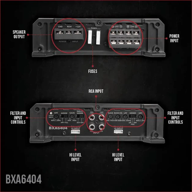 Alt view image 2 of 6 - BXA6404 640W Peak BX-Series 2-Ohm Stable Class-A/B 4-Channel Car Audio MOSFET Amplifier