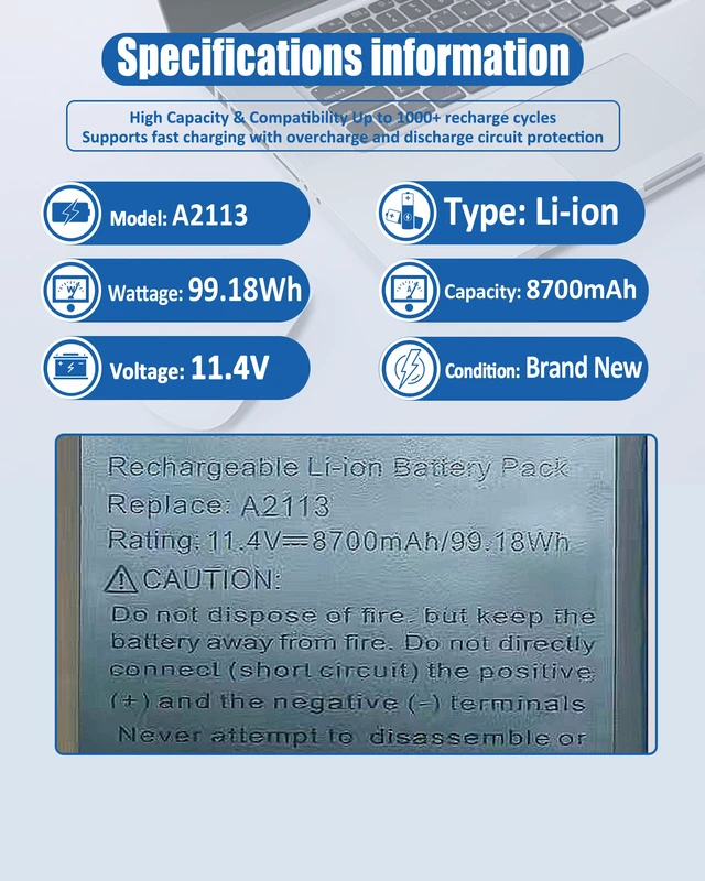 Alt view image 4 of 7 - A2141 A2113 Laptop Battery for MacBook Pro 16-inch A2141(2019 Version) EMC 3347-11.36V 99.8Wh/8700mAh