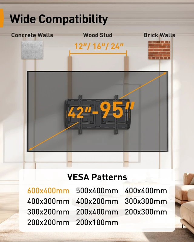 Alt view image 2 of 7 - Full Motion Sliding TV Wall Mount for 42-95 inch TVs up to 150 lbs with Cable Management, Fits 12/16/24 Wood Studs, Swivel TV Mount Bracket, Tool-Free Tilt, Max VESA 600x400mm PGTVM41B