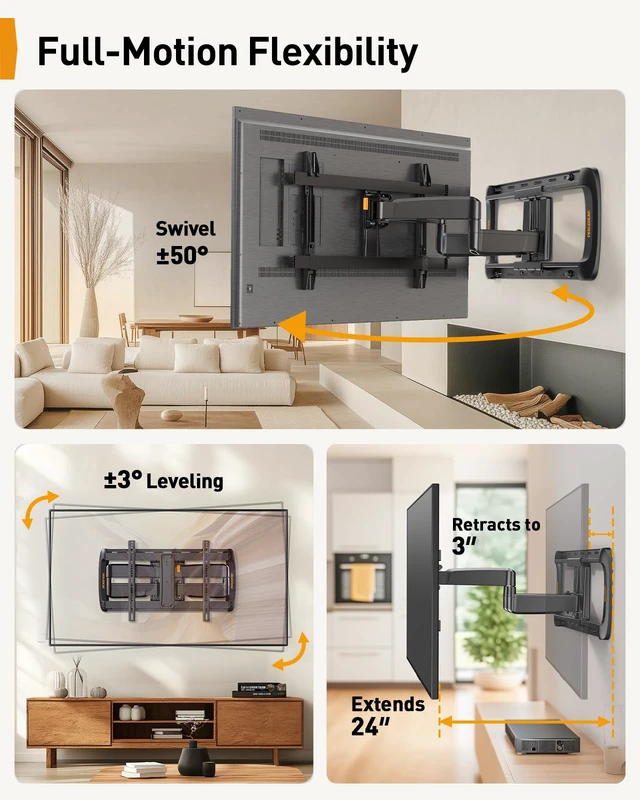 Alt view image 6 of 7 - Full Motion Sliding TV Wall Mount for 42-95 inch TVs up to 150 lbs with Cable Management, Fits 12/16/24 Wood Studs, Swivel TV Mount Bracket, Tool-Free Tilt, Max VESA 600x400mm PGTVM41B