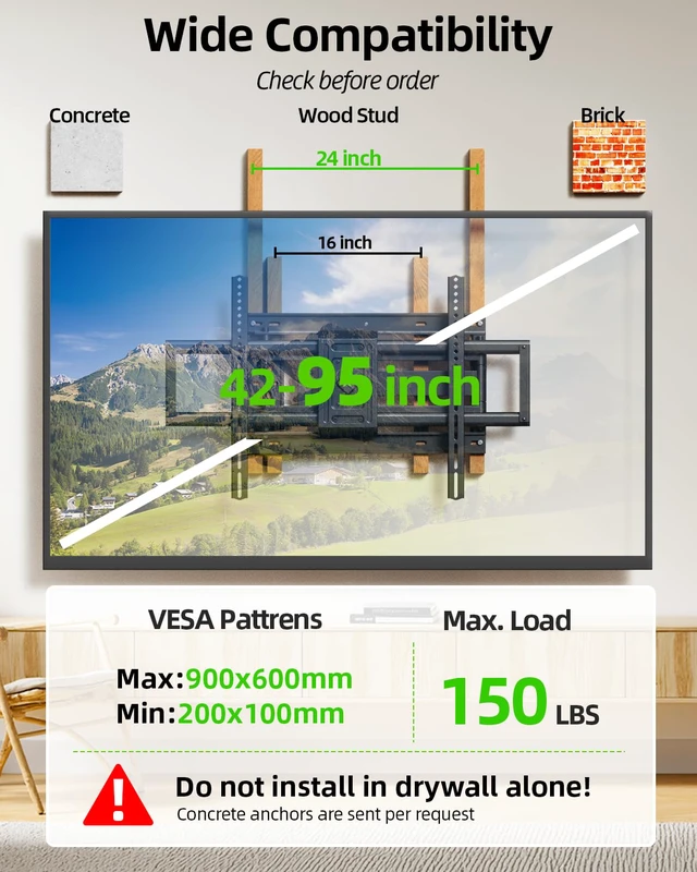 Alt view image 2 of 7 - Long Arm TV Wall Mount for Most 42-95 inch TV 40 Inch Extension Full Motion TV MountPre-Assembled Wall Mount with Swivel and Tilt Up to 150lbs Fits 8/12/16/24 Studs VESA 900x600mm