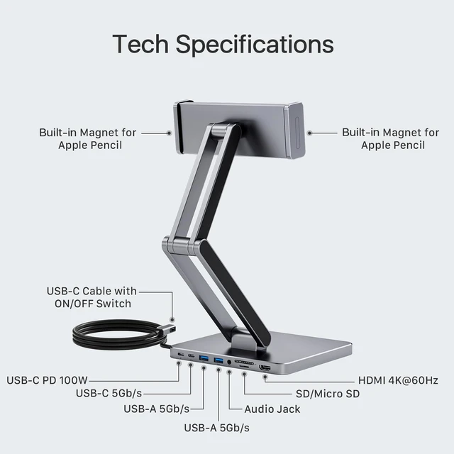 Alt view image 2 of 6 - MagHub 8-in-1 Docking Station for iPad Pro and Android Tablets, USB C Hub Stand with Adjustable Dual-Hinge, Compatible with M2/M1/M4 iPad Pro/Air, 10th, Mini 6th, Samsung Galaxy, Pixel Tabs