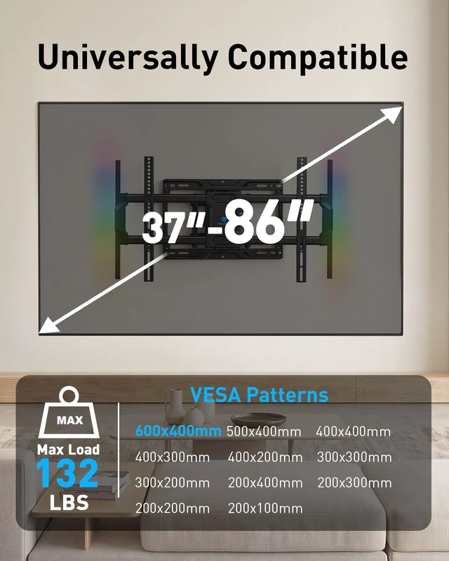Alt view image 2 of 7 - Full Motion TV Wall Mount with LED Lights for 37-86 Inch TVs up to 132lbs, Backlit TV Mount Bracket with Music Sync, Extension Swivel Tilt level, Max VESA 600x400mm, Fits 16"/12" Wood Studs
