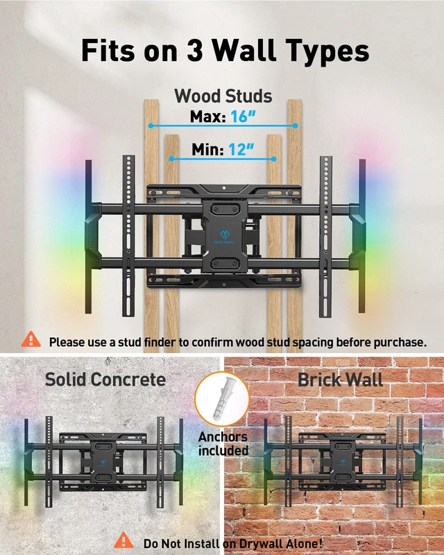 Alt view image 3 of 7 - Full Motion TV Wall Mount with LED Lights for 37-86 Inch TVs up to 132lbs, Backlit TV Mount Bracket with Music Sync, Extension Swivel Tilt level, Max VESA 600x400mm, Fits 16"/12" Wood Studs