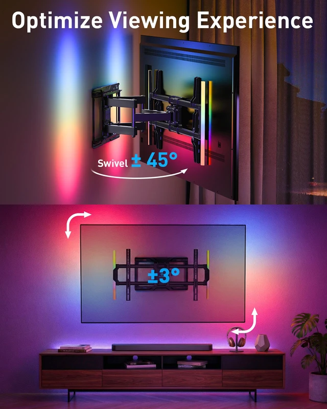 Alt view image 7 of 7 - Full Motion TV Wall Mount with LED Lights for 37-86 Inch TVs up to 132lbs, Backlit TV Mount Bracket with Music Sync, Extension Swivel Tilt level, Max VESA 600x400mm, Fits 16"/12" Wood Studs
