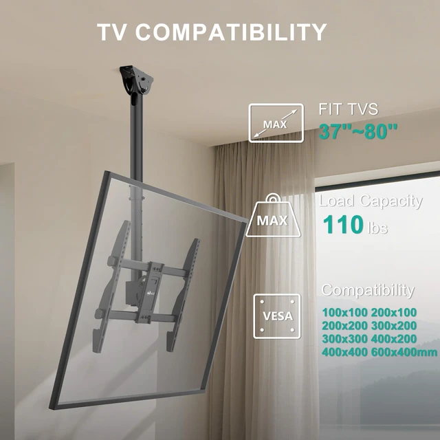 Alt view image 2 of 7 - Ceiling TV Mount for Most 37 to 80 inch Flat Screen Display, Hanging TV Mount Bracket with Swivel, Tilt Fits LED, LCD, OLED 4K TVs up to 110lbs, Max Mounting Holes 600x400mm (CM3770), Black