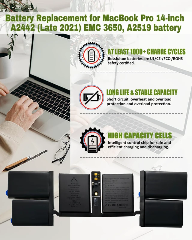 Alt view image 2 of 6 - A2519 A2442 Battery Replacement for MacBook Pro 14-inch A2442 (2021), EMC 3650 8102 A2519 Battery - 6100mAh 69.9Wh