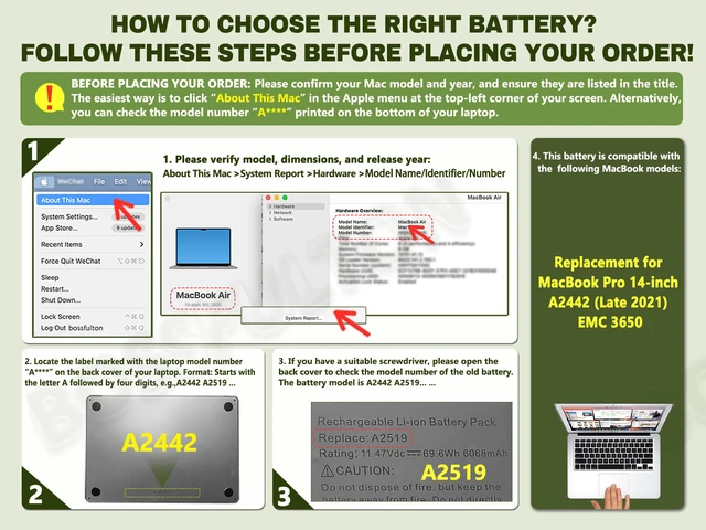 Alt view image 3 of 6 - A2519 A2442 Battery Replacement for MacBook Pro 14-inch A2442 (2021), EMC 3650 8102 A2519 Battery - 6100mAh 69.9Wh