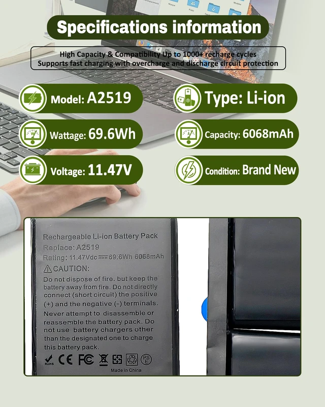 Alt view image 4 of 6 - A2519 A2442 Battery Replacement for MacBook Pro 14-inch A2442 (2021), EMC 3650 8102 A2519 Battery - 6100mAh 69.9Wh