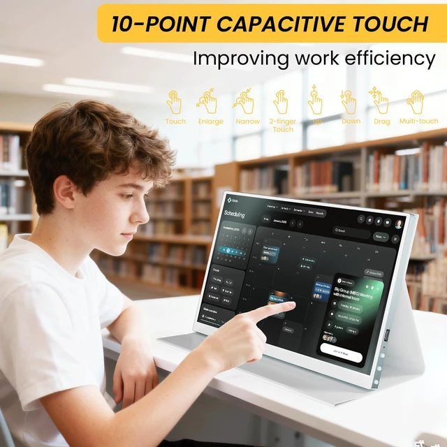 Alt view image 2 of 7 - 15.6'' Touchscreen Portable Monitor, FHD IPS Display with Built-in Speaker & Protective Case, 10-Point Touch Screen, HDMI & USB-C Travel Monitors for Laptop, PC, Phone,Metal Gray + White