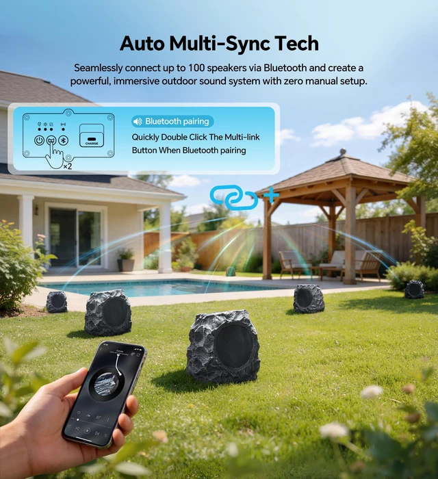 Alt view image 2 of 7 - Upgraded Outdoor Rock Speaker 30W Deep Bass Multi-Sync up to 100Pcs, Remote Control, IPX7 Waterproof Solar-Powered Bluetooth Speaker Perfect for Pool, Garden, Patio, Ideal for Music Lovers - 1 Pack