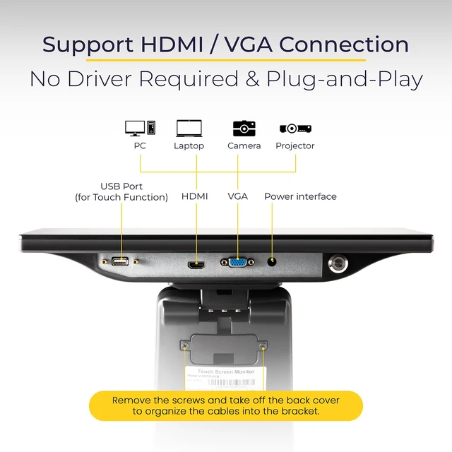 Alt view image 3 of 6 - 15.6" Black LED Touch Screen Monitor with Metal Stand - Backlit 1366 * 768 with VGA HDMI Connection for Small Business, Restaurant, Office - No Driver Required (Not Compatible with macOS/iOS)
