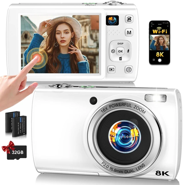 Main image of 88MP Digital Camera for Photography, 2026 New WiFi 8K Vlog Video Camera for YouTube with Touch Screen, Dual Lens, Autofocus Anti-Shake, 16X Zoom, Small Travel Camera, 32GB TF Card, 2 Batteries, White