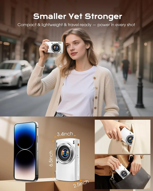 Alt view image 7 of 7 - 88MP Digital Camera for Photography, 2026 New WiFi 8K Vlog Video Camera for YouTube with Touch Screen, Dual Lens, Autofocus Anti-Shake, 16X Zoom, Small Travel Camera, 32GB TF Card, 2 Batteries, White