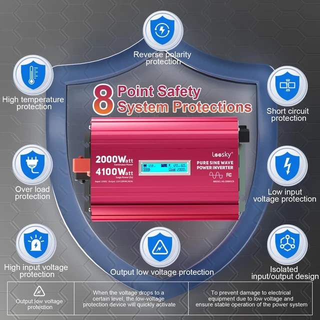 Alt view image 5 of 7 - 2000 Watt Pure Sine Wave Inverter 12V to 120V for RV Solar Off-Grid | 4100W Surge for 2s, Lithium LiFePO4 Compatible, Remote Control, PD36W USB-C, For Starlink Off-Grid Solar System RV Car Home