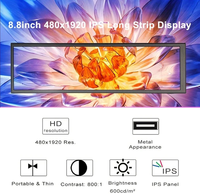Alt view image 3 of 6 - 8.8-inch Touchscreen Bar Display, 1920x480, Metal Shell IPS Portable Touch Monitor with USB-C Port. Compatible with Raspberry Pi, Laptop Aida64 Monitoring, GPU/CPU Stats, and PC Case Mini Screen