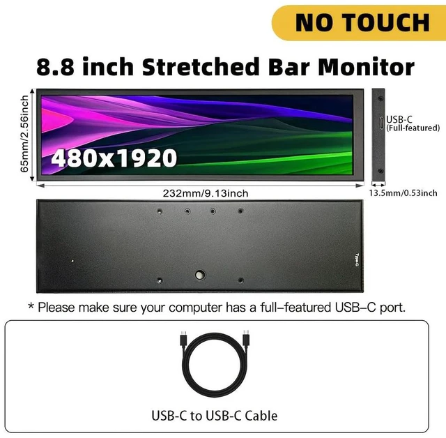 Alt view image 5 of 6 - 8.8-inch Touchscreen Bar Display, 1920x480, Metal Shell IPS Portable Touch Monitor with USB-C Port. Compatible with Raspberry Pi, Laptop Aida64 Monitoring, GPU/CPU Stats, and PC Case Mini Screen