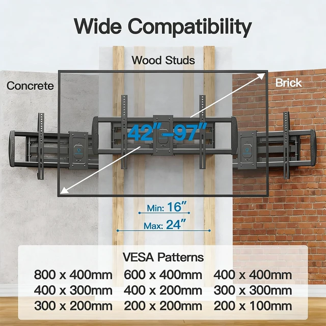 Alt view image 2 of 7 - Full Motion TV Wall Mount for 42-97 TVs up to 165lbs, TV Mount Bracket with Dual Articulating Arms Swivel Tilt Extension, Max VESA 800x400mm, Fits 1618 to 24" Studs, PSXFK1