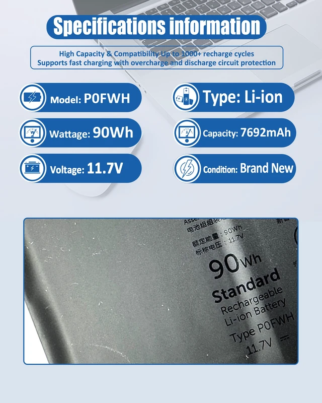 Alt view image 4 of 6 - 90Wh P0FWH Laptop Battery Replacement for Dell Alienware m16 R2 Inspiron 16 Plus 7640 Inspiron 16 7640 2-in-1 Series P0FWH POFWH 0M9DG0 HGJCY