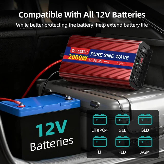 Alt view image 3 of 7 - 2000W Pure Sine Wave Inverter - 4000W Surge Peak, 12V DC to 110V AC Heavy Duty Power Inverter for RV, Truck, Home, Solar, Off-Grid, Outdoor, Car Converter with Dual AC Outlets and LCD Display