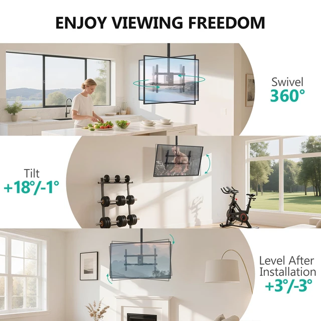 Alt view image 4 of 7 - Ceiling TV Mount for Most 37 to 80 inch Flat Screen Display, Hanging TV Mount Bracket with Swivel, Tilt Fits LED, LCD, OLED 4K TVs up to 110lbs, Max Mounting Holes 600x400mm (CM3770), Black
