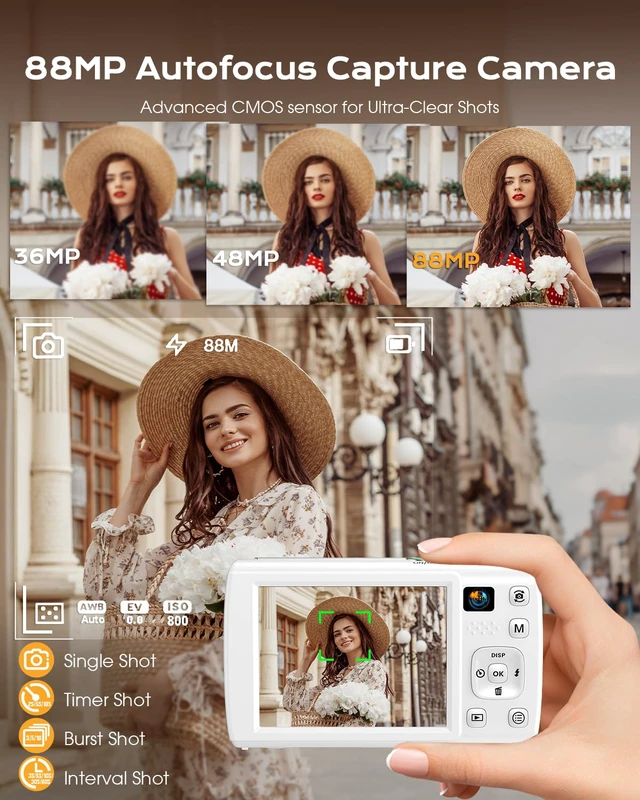 Alt view image 3 of 7 - 88MP Digital Camera for Photography, 2026 New WiFi 8K Vlog Video Camera for YouTube with Touch Screen, Dual Lens, Autofocus Anti-Shake, 16X Zoom, Small Travel Camera, 32GB TF Card, 2 Batteries, White