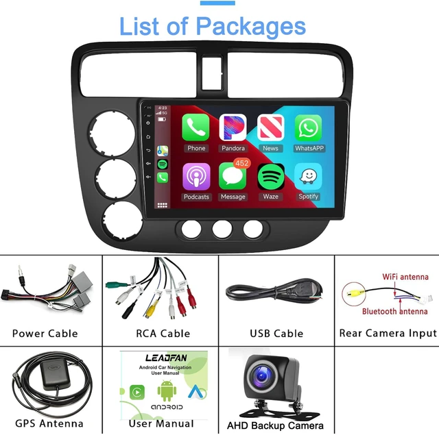 Alt view image 7 of 7 - 8 Core Car Radio for Honda Civic 2001 2002 2003 2004 2005 Radio Wireless CarPlay Android Auto, 9" IPS Touch Screen with 5G WiFi GPS Navigation Bluetooth Mirror Link FM SWC Back-up Camera