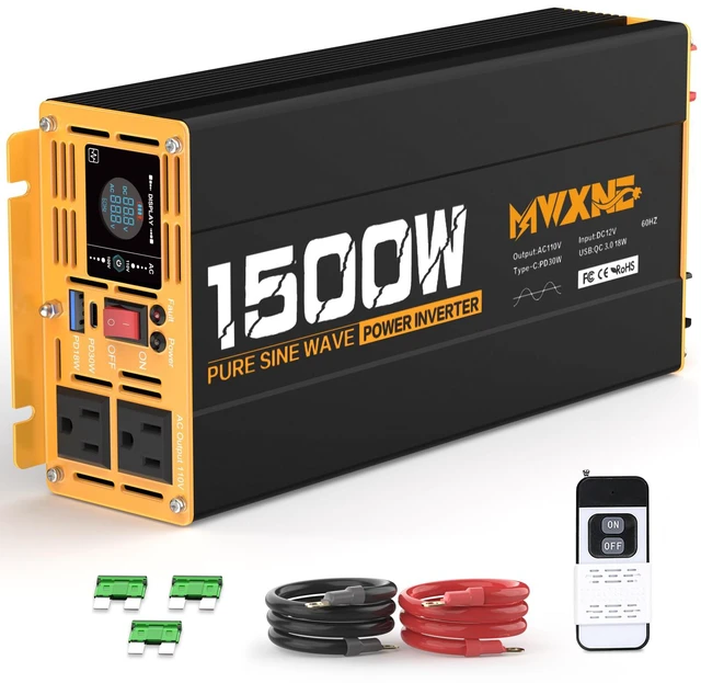 Main image of 1500W Pure Sine Wave Power Inverter DC 12V to AC 110V 120V Converter with 2 AC Outlets, QC3.0 18W USB-A, PD30W USB-C Port Car Inverter with LCD Display and Remote Control for Truck RV Home