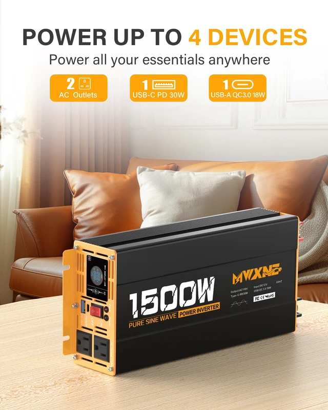 Alt view image 2 of 7 - 1500W Pure Sine Wave Power Inverter DC 12V to AC 110V 120V Converter with 2 AC Outlets, QC3.0 18W USB-A, PD30W USB-C Port Car Inverter with LCD Display and Remote Control for Truck RV Home