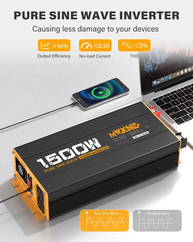 Alt view image 3 of 7 - 1500W Pure Sine Wave Power Inverter DC 12V to AC 110V 120V Converter with 2 AC Outlets, QC3.0 18W USB-A, PD30W USB-C Port Car Inverter with LCD Display and Remote Control for Truck RV Home