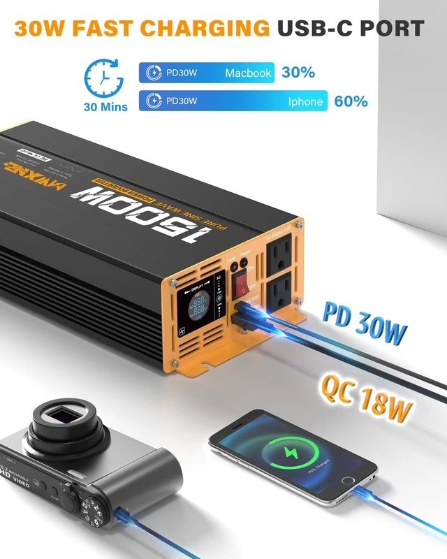 Alt view image 4 of 7 - 1500W Pure Sine Wave Power Inverter DC 12V to AC 110V 120V Converter with 2 AC Outlets, QC3.0 18W USB-A, PD30W USB-C Port Car Inverter with LCD Display and Remote Control for Truck RV Home