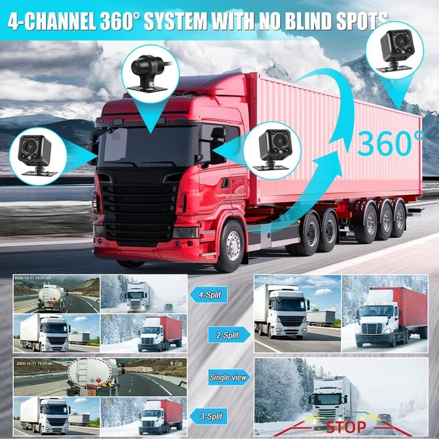 Alt view image 2 of 7 - X7H 4-Channel 720P Backup Camera & Dash Cam System, 7" LCD Quad Split Display with IP67 Waterproof IR Night Vision Cameras for Front Rear and Side Views for Semi Truck, RV, Van, and Trailer
