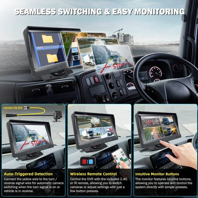 Alt view image 3 of 7 - X7H 4-Channel 720P Backup Camera & Dash Cam System, 7" LCD Quad Split Display with IP67 Waterproof IR Night Vision Cameras for Front Rear and Side Views for Semi Truck, RV, Van, and Trailer