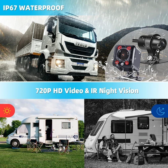 Alt view image 4 of 7 - X7H 4-Channel 720P Backup Camera & Dash Cam System, 7" LCD Quad Split Display with IP67 Waterproof IR Night Vision Cameras for Front Rear and Side Views for Semi Truck, RV, Van, and Trailer