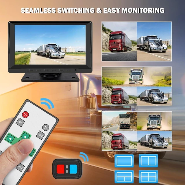 Alt view image 7 of 7 - X7H 4-Channel 720P Backup Camera & Dash Cam System, 7" LCD Quad Split Display with IP67 Waterproof IR Night Vision Cameras for Front Rear and Side Views for Semi Truck, RV, Van, and Trailer