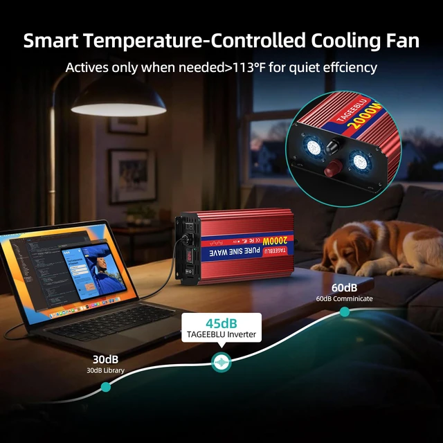 Alt view image 7 of 7 - 2000W Pure Sine Wave Inverter - 4000W Surge Peak, 12V DC to 110V AC Heavy Duty Power Inverter for RV, Truck, Home, Solar, Off-Grid, Outdoor, Car Converter with Dual AC Outlets and LCD Display