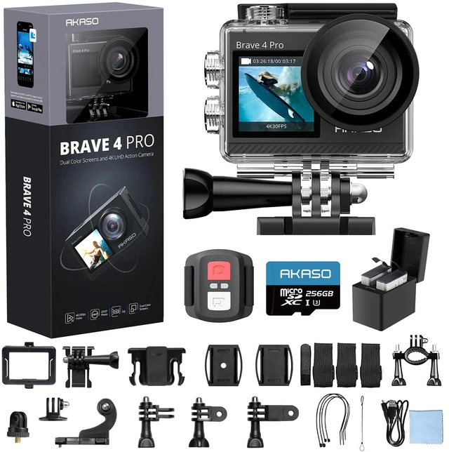 Main image of Brave 4 Pro 4K30 Action Camera with 256GB MicroSD U3 Card 131FT Underwater Waterproof Camera EIS Touch Screen Remote Control with 2x1350mAh Batteries and Helmet Accessories Kit Bundle