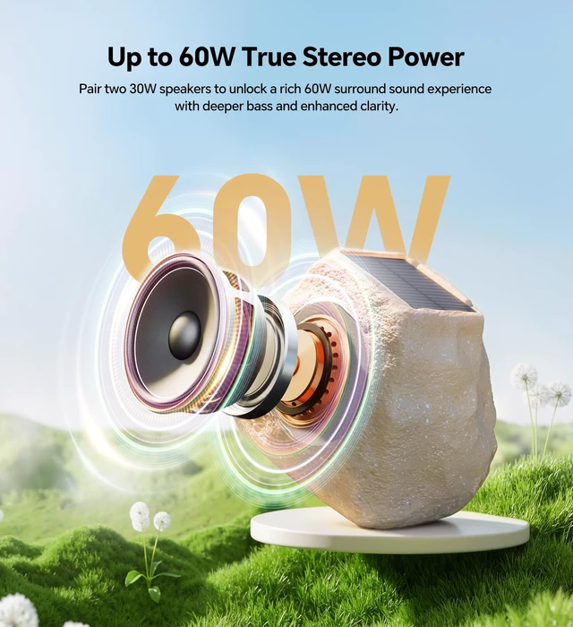 Alt view image 3 of 7 - Upgraded Outdoor Rock Speaker 30W Deep Bass Multi-Sync up to 100Pcs, Remote Control, IPX7 Waterproof Solar-Powered with LED Lights Perfect for Pool, Garden, Patio, Ideal for Music Lovers - 1 Pack